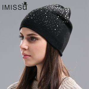 Beanie/Skull Caps IMISSU Winter Women's Winter Hats Knitted Wool Casual Mask Cap with Crystal Solid Color Ski Gorros Outdoor Hat for Girls 230811
