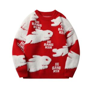 メンズセーターハラジュクカップルウサギのセータージャケットレッドルーズニットセータージャケットファッションストライプ特大メンズメンズ服プルオーバー230811