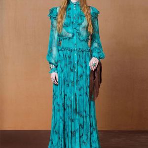 Designer French Pea Blue Floral Dress Wide Waistband and Long Skirt with Lantern Sleeves for A New High-end Feel