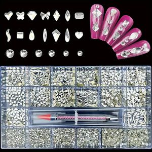 Flerformad klar nagelkonst Rhinestones -kit - Flatback Crystal Gemstone för akrylnaglar, 3D -nagelkonst charms nageltillbehör med pincett och vaxpenna, för nagelhantverk