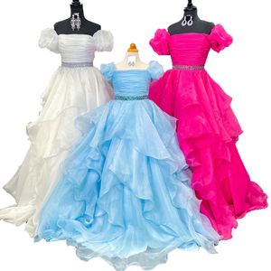 Coral Ballgown Girl Pageant Dress 2024 Puff Sleeve Ruffle Layer Little Kid Birthday Formal Party Gown Spädbarn Toddler Teens Tiny Young Junior Miss Light Blue Ruched