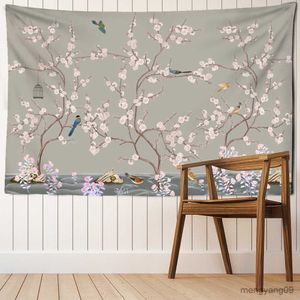 Tapestries Spring Flowers Birds Illustration Wall Tapestry Målning Landskap Vägg Hängande Tapestry Heminredning TABLE TAPESTRY R230812