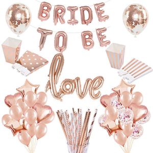 Decorazione a forma di cuore in oro rosa con lettera a palloncino, cannucce per palloncini per la decorazione della sposa della squadra di nozze