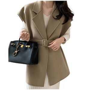 New design women's retro turn down collar woolen with belt medium long vest coat solid color