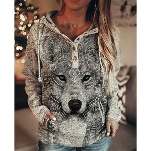 Wolf hoodie kvinnor höst mode överdimensionerade hoodies vintage tröjor flickor kappa kvinnor tröja kappa huvtröjor trackover ugguit hkd230725