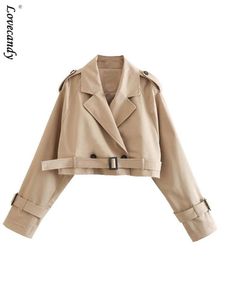 Herrhuvtröja Sweatshirt's Croped Trench Khaki Lapel Collar Jackets Coat Kvinnlig lång ärm med bältes singelknapp Kortjacka Spring Streetwear 230812