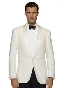 Men's Suits Ivory Satin Lapel Smoking Blazer Trousers Groom Wedding Male Wear Tuxedos 2 Pieces Full Mens Jacket Black Pants Outfit