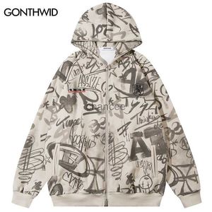 Hip Hop Reißverschluss Hoodie Mantel Y2K Streetwear Harajuku Graffiti Grafikdruck Punk Goth Zwei -Wege Zip -Kapuze -Sweatshirt Hoodies Coats HKD230725