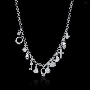 Chains 925 Silver Necklace Jewelry 18 Inches Shiny Zircon Key Moon Heart Star Cross All-match Christmas Gift