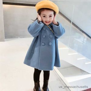 Jackets Girls Coat Double Breasted Wool Overcoat Cotton Trench Jackets Lapel Kids Outerwear Wool Coats Spring Overcoat Winter R230812