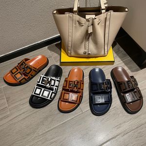 Slippers Luxury Designer Slide Brown Sandal Platform Leather Buckle Double f Sandale Beach Rubber Flat Heel Hotel Bath Pool Sliders