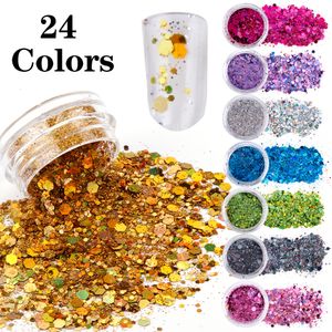 Nail Glitter 24 JarsLot Chunky Glitter Nail Art Flakes Holographic Powder Face Body Eye Glitter Mix Manicura Decoracion Nails Accessories 230811