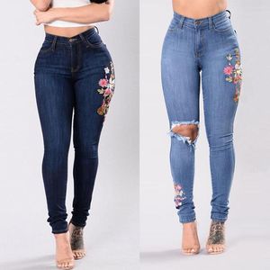 Jeans feminino jeans bordado botão alta calça feminina cintura de moda de bolso esbelta