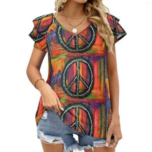 Women's T Shirts Peace Sign Lotus Leaf Neck T-Shirt Long Sleeve Shirt Elegant Fashion Tops & Tees Abstract Paintings Bedroom