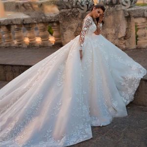 Vintage Lace Ball Gown Wedding Dresses 2021 Illusion Bodice Sheer Long Sleeve Backless Princess Dress Jewel Neck Bride Gowns260y