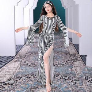 ステージウェアゴールドスタンプドレスベリーダンスローブバラディドレスフォークサウジアラビア衣装エジプトキャバレーストライプコスチュームセットケルチーフベルト
