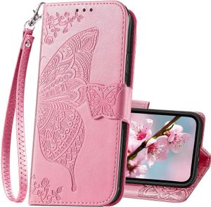 Butterfly Embossed PU Leather Kickstand Card Holder Slots Wrist Strap Purse Flip Wallet Case For iPhone 15 14 13 12 11 Pro Max Samsung S23 Ultra FE A14 A24 A34 A54 A04E