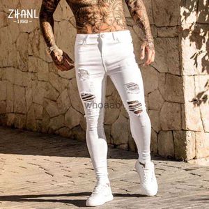 Fashion White Elastic Skinny Pants Man Ripped Jeans Streetwear Vintage Wash Solid Denim Trouser Mens Casual Slim Fit Pants HKD230812