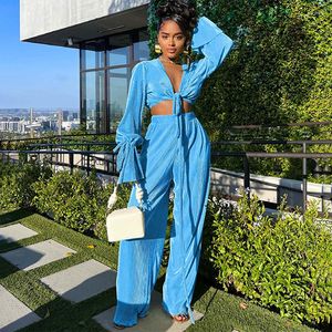 Women's Two Piece Pants Autumn Casual Pleated 2 Set Women Outfit Tracksuit Solid Long Flare Sleeve Lace Up Blouse Crop Top Wide Leg Suit