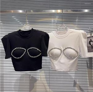 Women's T Shirts 2023 Summer Diamond Beaded Chest Pad Cropped Tops For Women Sexy Shoulder Short Sleeve T-shirt Y4072