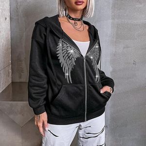 Kadın Hoodies y2k Rhinestone Angel Wing Hoodie Kadınlar Goth Sweatshirt Kore Moda Bayanlar Büyük Boy Sonbahar Kış Sonbahar Giysileri