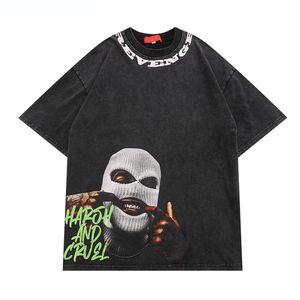 Мужские футболки с графическими отпечатками вымытая хлопчатобумажная футболка для мужской футболки лето на плечах рубашки Harajuku Man Hip Hop Streetwear Негабаритная свободная топа 230812