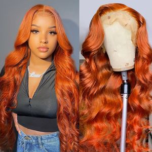 Densidade frontal de renda de gengibre laranja de 30 polegadas de 30 polegadas 180%13x4 onda corporal Cabelo humano peruca brasileira Remy colorido 4x4 peruca de fechamento para mulheres pré -arrancadas