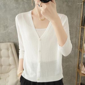 Malhas femininas dp20233 Cardigan sete pontos mangas respiráveis ​​hollow thin jaqueta pequena 22 primavera no verão de gelo de decote em gelo