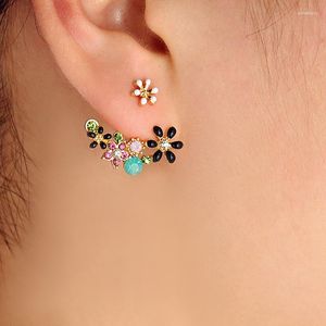 Stud Earrings Flower Crystal Front Back For Women Jacket Fashion Colorful Bijoux Jewelry In Black Gold Color