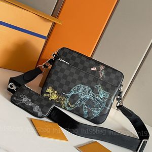 5a Designer carteira de carteira de carteira bolsa de trio de trio para homens câmera crossbody saco de noite bolsa de couro de coleia de retalhos de letra clássica carteira zíper da tela 58040