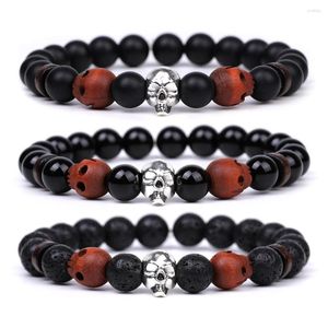 Strand Hand Carved Skull Bracelet Mens Volcanic Stone Black Magnet Elastic Rope Wood Chip Circle