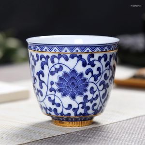 Tumblers Blue and White Porcelain Tea Cup Stor storlek i glasyrfärg målad guld full blommor retro stil master singel