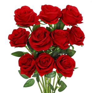 Flores decorativas Flor artificial Rosas de seda vermelha com cotonete de casas de casamentos de buquê de caule de 10 (vermelho)