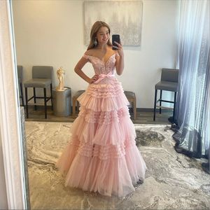 Off Shoulder Pink Prom Dresses Sequins Appliques Party Evening Dress Bone Bodice Long Special Occasion dress