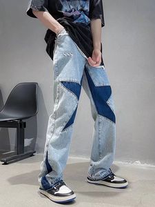 Herren Jeans gewaschen und abgenutzt Pentagramm -Spleißjeans für Männer modische und vielseitige lose gerade Hosen Baggy Wide Leg Casual Hosen 230812