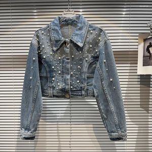 Kvinnorjackor Borvemsays Beading Patchwork Denim Jacket Autumn Women Lapel Long Sleeve Single-Breasted 2023 Coat WZ5093