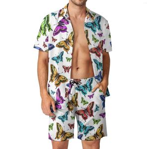 Herrspårar Butterfly Pretty Men Set massor av fjärilar trycker Animal Trendy Casual Shirt Set Design Shorts Summer Vacation Suit