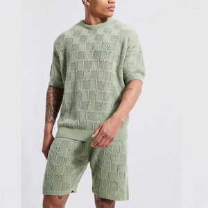 Men's Tracksuits Mens Hollow Out Knit Suits Short Sleeve O-Neck T Shirt And Shorts Two Piece Set Summer Casual Men Clothing Leisure Outfits