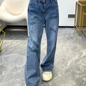 High Quality Mi Embroidered Jeans 2023 New Wide Leg Pants Fashion Versatile High Waist Slim Covering Pants