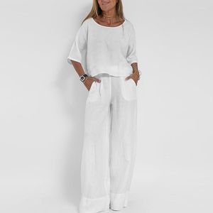 Magliette da donna semplici casual o scollo corto top e pantaloni lunghi si adattano femminili a 2 pezzi set da donna estate bianche di cotone sciolto