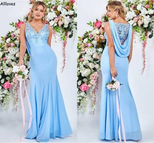 V Neck Floral Lace Appliqued Light Sky Blue Mermaid Bridesmaid Dresses Long Formal Party Wedding Guest Dress Floor Length Elegant Satin Maid Of Honor Gowns CL2710