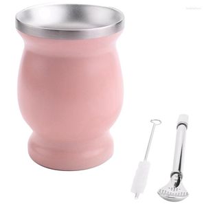 Tumblers 2x 2x de parede dupla yerba mate gourd xícara de chá conjunto de café com 2 bombillas pelas colher limpa pincel rosa