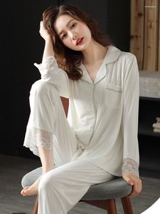 Frauen Nachtwäsche Crlaydk 2023 Frühlingspyjama Set Modal Soft Long Sleeve Loungewear Spitzendesign -Button Down Night Anzug