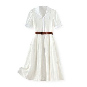 2023 Summer White Solid Color EmbroideryDress Short Sleeve Lapel Neck Waist Belted Knee-Length Casual Dresses W3L043404
