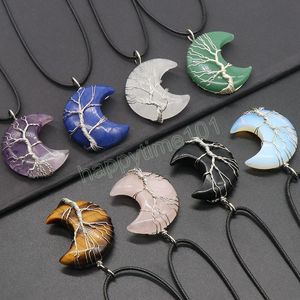 Tree of Life Natural Crystal Moon Pendant Reiki Healing Stone Wire Wrapped Crescent Moon Pendant Necklace For Women Men
