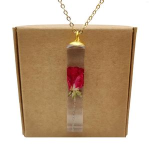 Pendant Necklaces Red Rose Real Flowers Transparent Cube Resin Gold Color Chain Long Necklace Women Boho Fashion Jewelry Bohemian Vintage