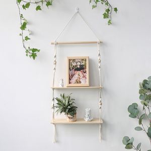 Decorative Objects Figurines Double Layer Macrame Hanging Shelves Floating Shelf For Plants Boho Home Decor Wood Wall for Bedroom Living Room 230812