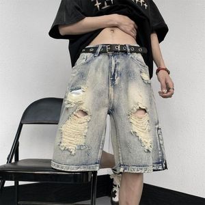 Men's Jeans 2023 Summer Ripped Short Streetwear Big Hole Fashion Vintage Blue Slim Denim Shorts Brand Clothes