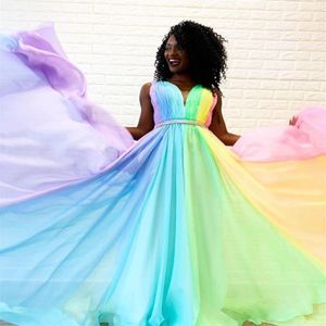 New Rainbow Gradient Prom Dreess Evening Wear Pleated Beaded Sashes A-Line Ombre 형식 드레스 파티 가운 신부 들러리 Special Occa203w