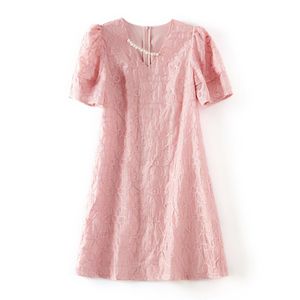 2023 Summer Pink Solid Color Panelled Dress Short Sleeve V-Neck Knee-Length Casual Dresses W3L043712